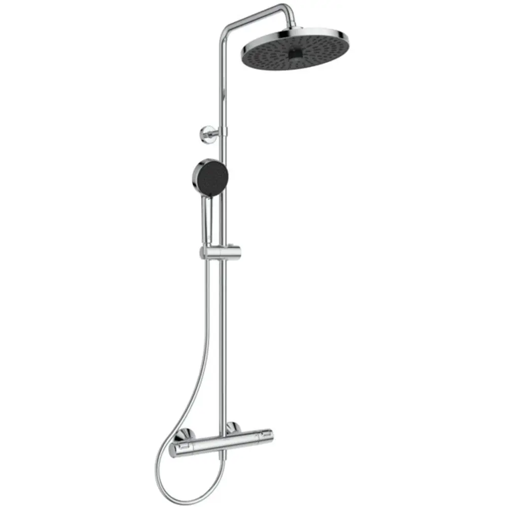 Duschsystem von Ideal Standard mit Brausekopf und Handbrause. Edelstahl-Optik, Thermostatarmatur zur Temperaturregulierung, montiert an einer Wand.